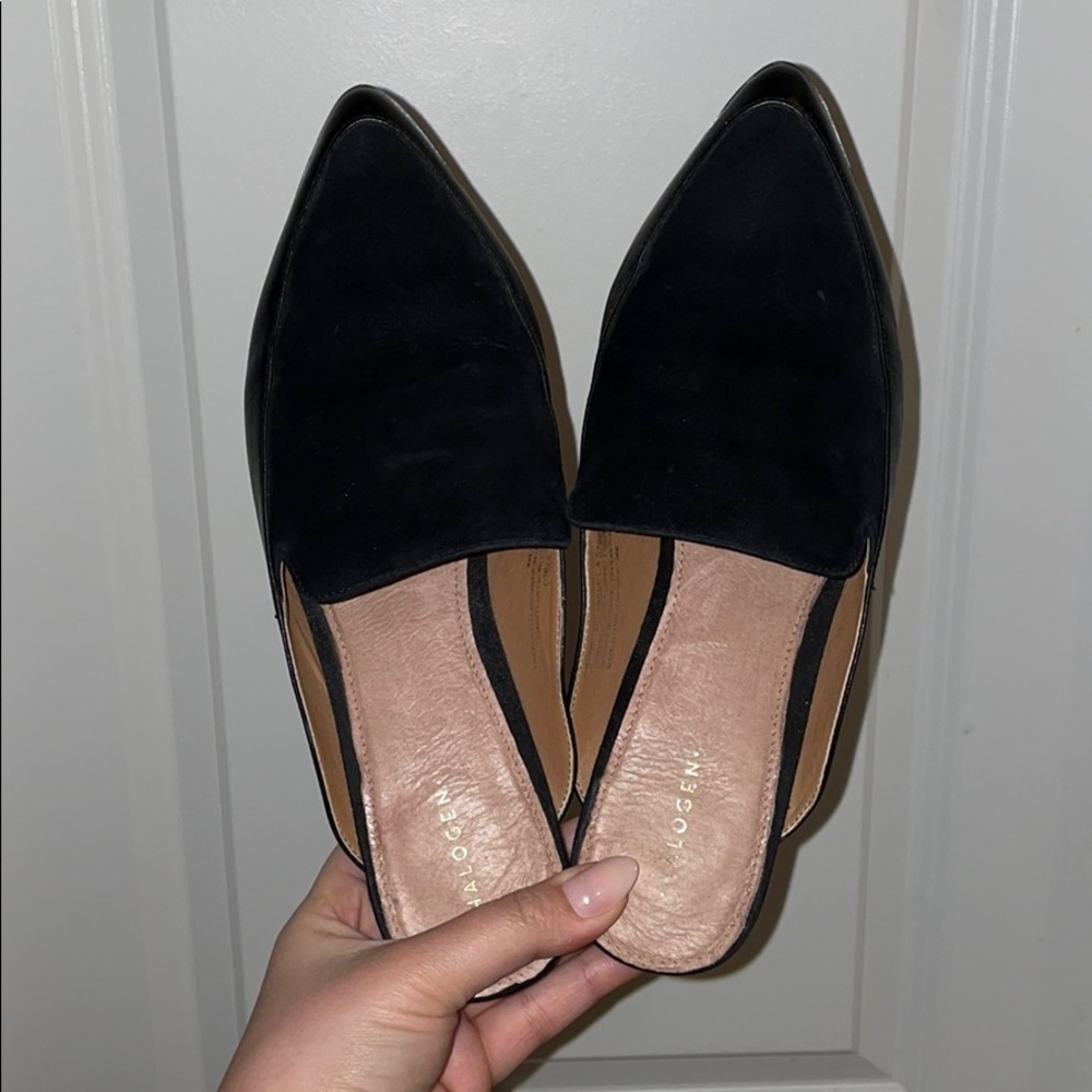 Halogen Leather & Suede Pointed Toe Flat Mules